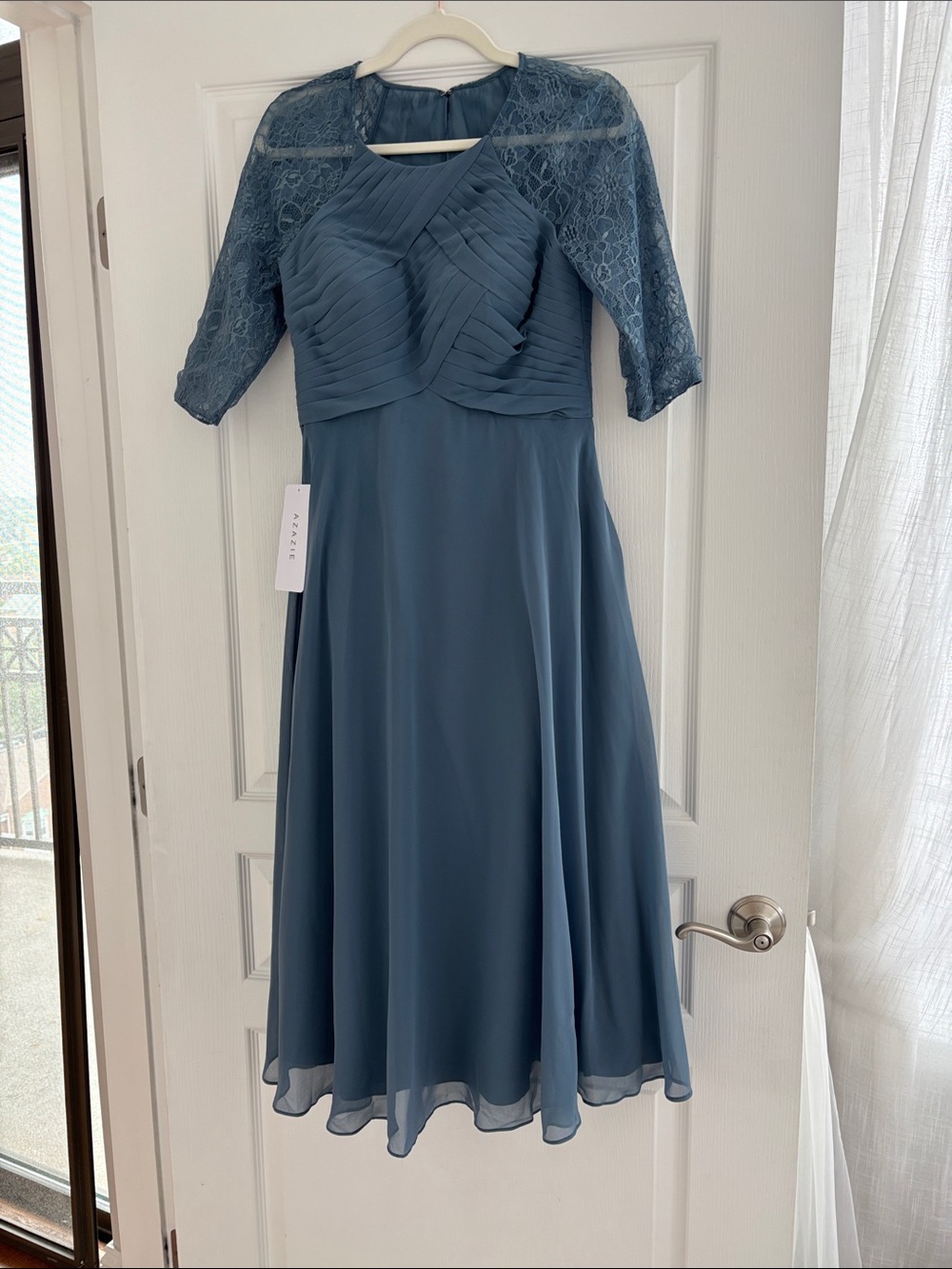 Azazie Dusty Blue Lace Sleeve Midi Dress
